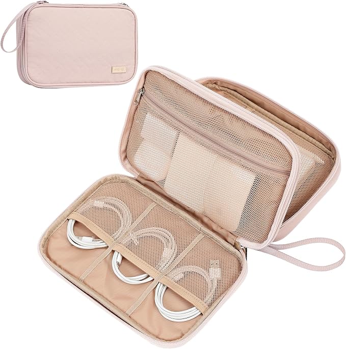 NISHEL Electronics Travel Organizer Cord Case, Charger Cable Tech Bag | Double-layer bag keeps chargers, cables, flash drive, and small tech essentials organized for trip, Large, Pink by NISHEL
