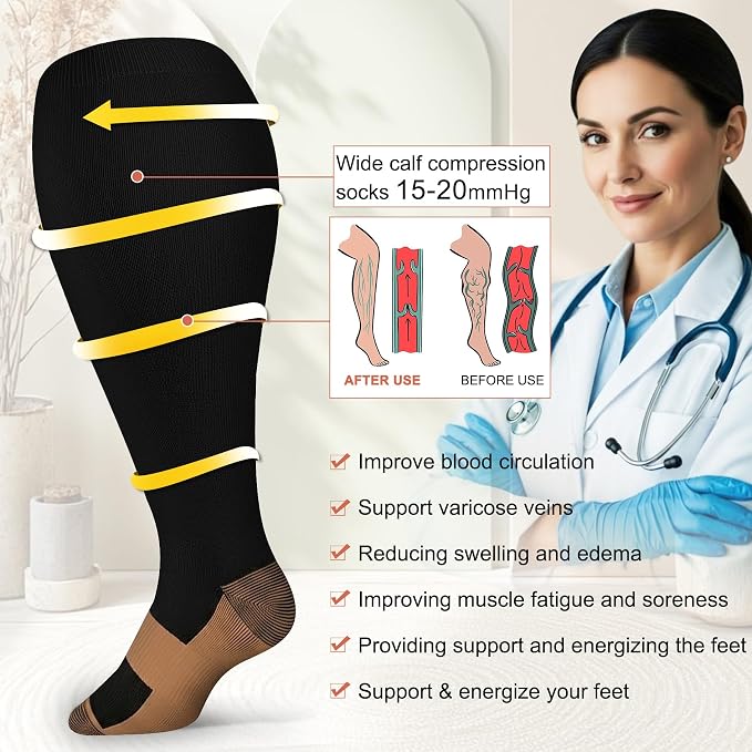Diu Life 3 Pairs Plus Size Compression Socks for Women and Men Wide Calf Extra Knee High Support for Circulation - Image 4