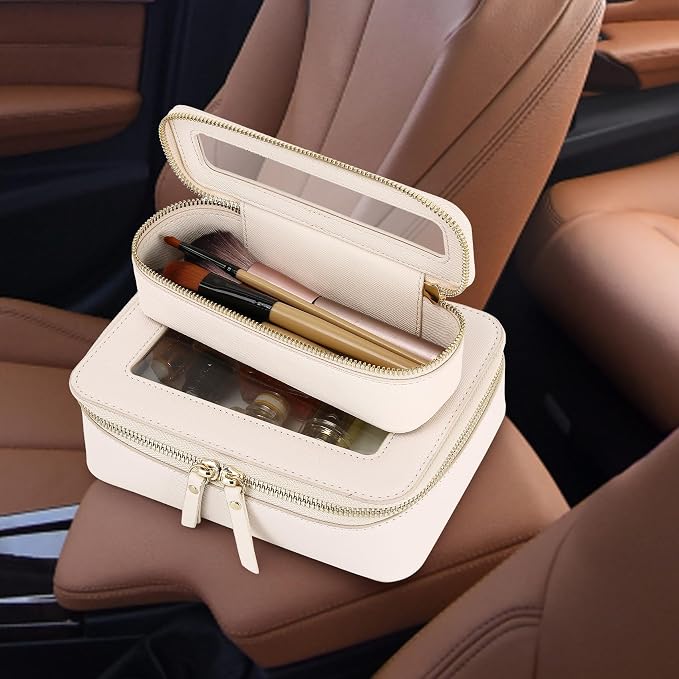 Pinkmik Travel Clear Makeup Bag, (Beige, M+SLIM) | Brush Case, TSA Approved Toiletry Bag, Waterproof Cosmetic Organizer with Zipper, Car Essential for Women - Image 6