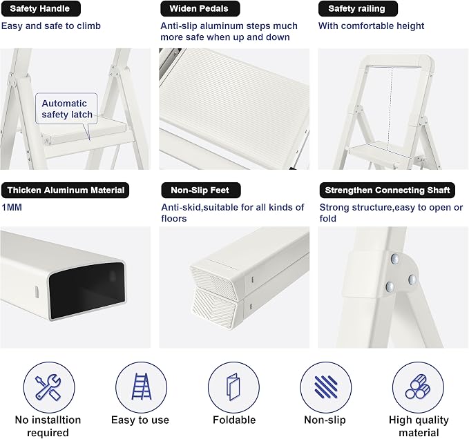 Step Ladder 4-Step White Finish Aluminum Folding Ladders | Anti-slip Sturdy Foldable Ladder Step Stool for Kitchen Home Office Libaray - Image 3