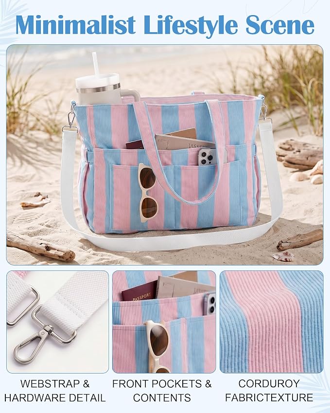 Kacctyen Striped Beach Tote Bag for Women Large Beach Foldable Tote Bag with Zipper Pockets for Travel Pool - Image 4