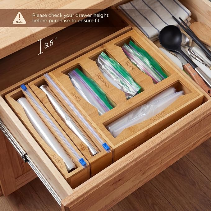 6-in-1 Bamboo Kitchen Drawer Organizer for Storage Bag, Foil & Plastic Wrap | Saran Wrap Dispenser with Cutter, Plastic & Grocery Bag Holder, Bamboo Drawer Organizer, Gallon/Quart Storage Bags - Image 4