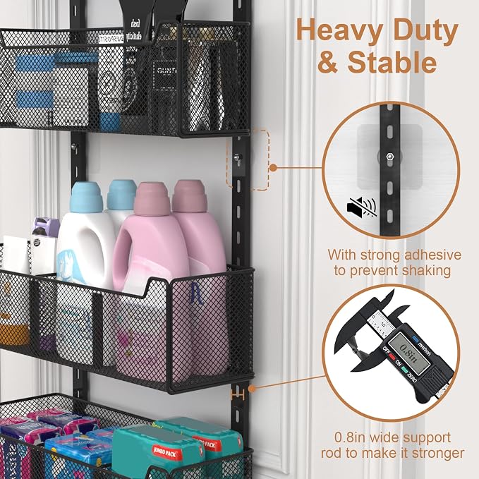 VyGrow Over The Door Organizer, Metal Door Organizer Hanging with 5 Adjustable Baskets and Coat Hook, Behind The Door Storage for Bedroom Closet Bathroom Pantry Cabinet Kitchen, Black - Image 7