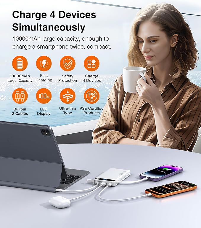 Power Bank with 2 Built-in Cables 10000mAh,22.5W Fast Slim Portable Charger | USB C Battery Pack, Travel Essentials Gift PD Fast Charging Powerbank For iPhone 17 16 15 Plus Pro Galaxy iPad White(1 Pack) - Image 7