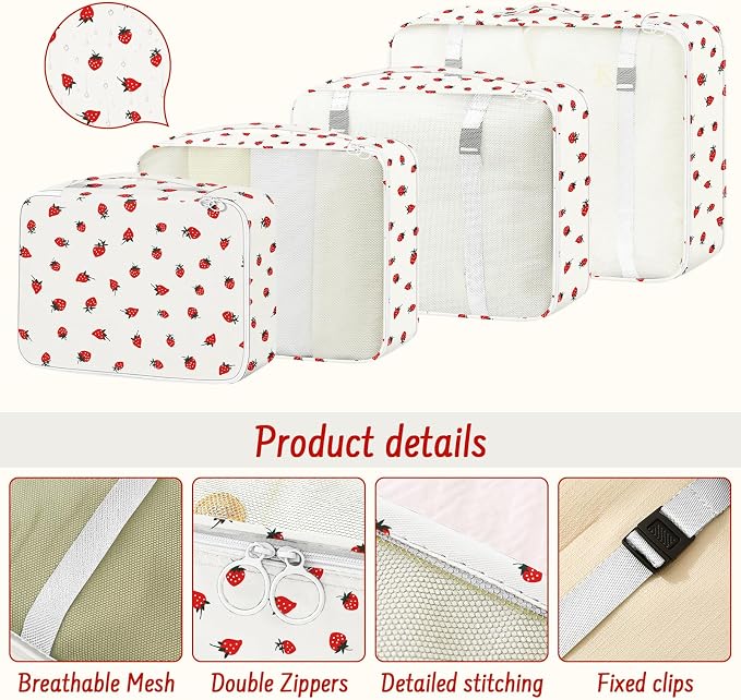 9 Set Packing Cubes for Travel Essentials - Lightweight Carry-On Luggage Organizer Bags with Shoe, Clothes & Laundry Bags for Airplane, Family & Business Travel, Beige strawberry - Image 6