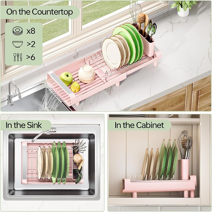 TOOLF Small Dish Drying Rack, Expandable and Space-Saving, Pink | Mini Dish racks for kitchen counter, Compact Design Fits Sink or Counter, Stainless Steel Plate Rack, 11"-19.3"L×7.7"W×3.54"H - Image 6