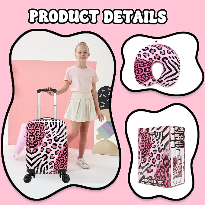 Kid's Luggage Set 2 Piece Suitcase Set Hardside Luggage with Spinner Wheels Girls Carry on Toddler Travel Rolling Suitcase with Neck Pillow Airline Approved - Image 4
