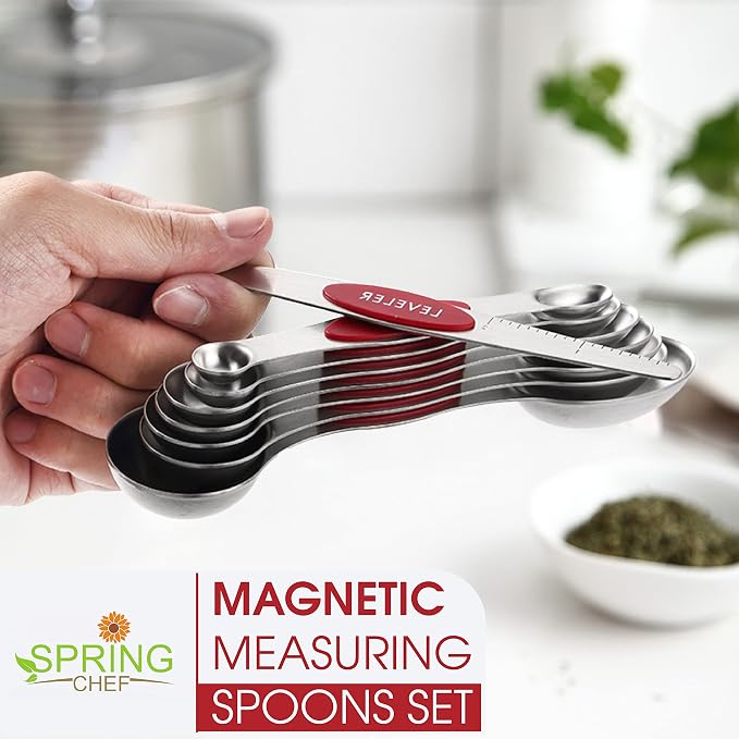 Spring Chef Stainless Steel 8 Magnetic Measuring Spoons Set, 2 Pack, Red | Nesting Teaspoon & Tablespoon Measuring Spoons w/ Leveler for Dry & Liquid Ingredients, Measure Spoons For Baking & Cooking - Image 2