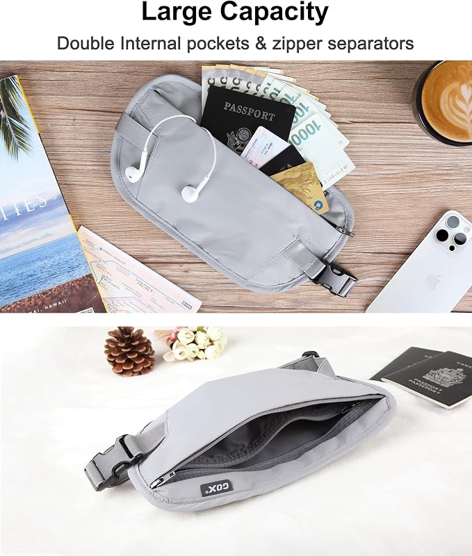 GOX Money Belt for Men Travel, Anti-Theft Hidden Waist Pack, RFID Secure Travel Belt for Men, Ultra-Thin Under-Clothes Passport Wallet with Documentry Safety & Money Holder (Grey-L) - Image 5