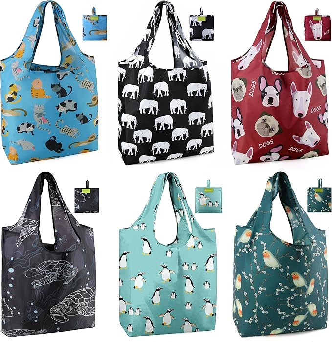 BeeGreen Animal Reusable Shopping Bags Cute Grocery Bag 6 Pack, Christmas Gift Bags Heavy-Duty Foldable Shopping Totes for Supermarket, Work & Travel, Large Washable Polyester Tote Bag with Handles by BeeGreen