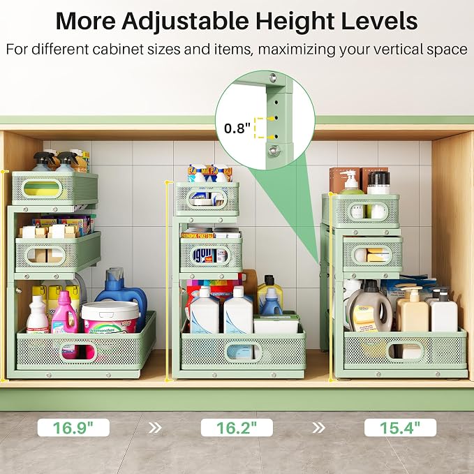 Kitstorack Under Sink Organizer, 1-Pack 3-Tier Height Adjustable Thickened Metal Pull out Cabinet Organizer Shelf, Slide out Storage Drawer Rack for Bathroom Kitchen Pantry Home Organization, Green - Image 8