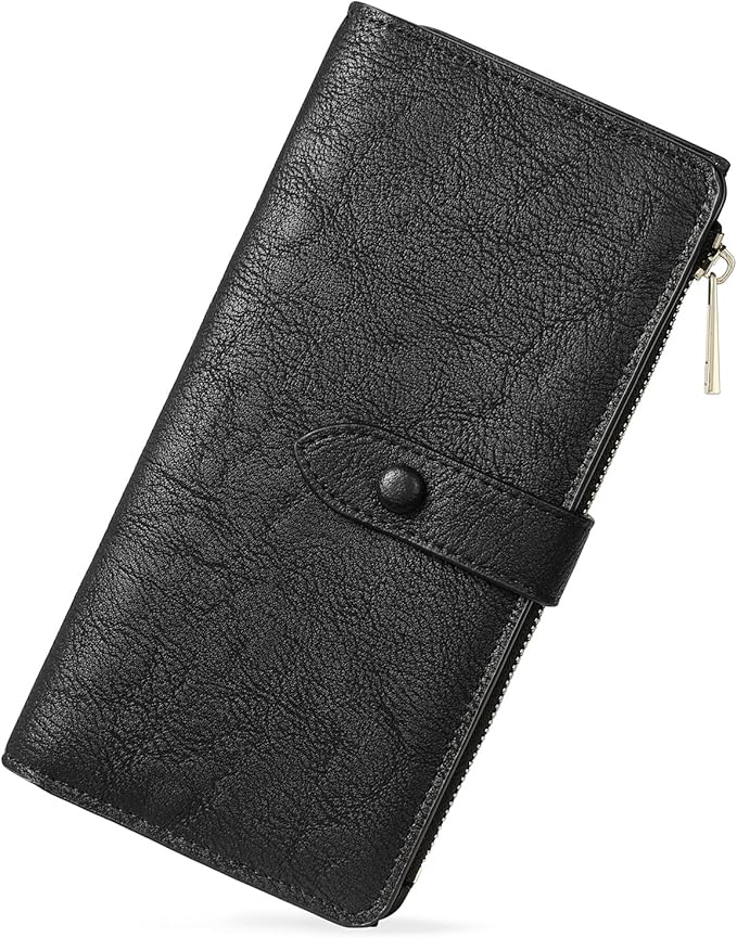 BOSTANTEN Womens Leather Wallet RFID Large Capacity Credit Card Holder | 4 ID Windows, 16 Card Slots, Zipper Coin Pocket, Clutch Wallet, Long Bifold, Ladies Gifts, Grey Black by BOSTANTEN