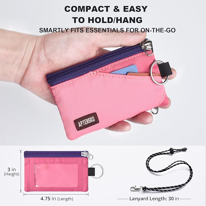 RFID Blocking Travel Wallet with Adjustable Lanyard, Small Nylon Zipper Pouch and Badge Holder for ID, Credit Cards, Cash, Keys, Commuters (Pink+RosePink) - Image 4