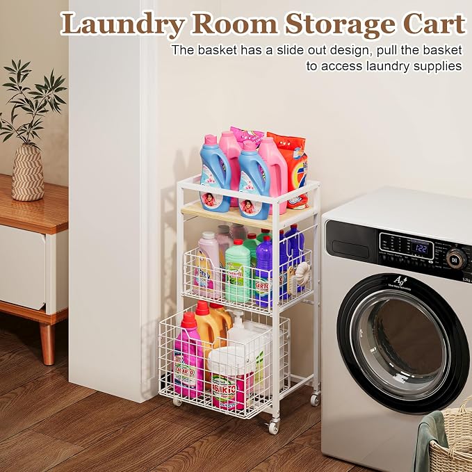 Hongtamoya 3 Tier Laundry Room Cart with Pull-Out Baskets, Storage Cart with Wheels, Rolling Cart with Wood Top Metal Bathroom Laundry Room Organization Mobile Shelf Unit Organizer Trolley, White - Image 4