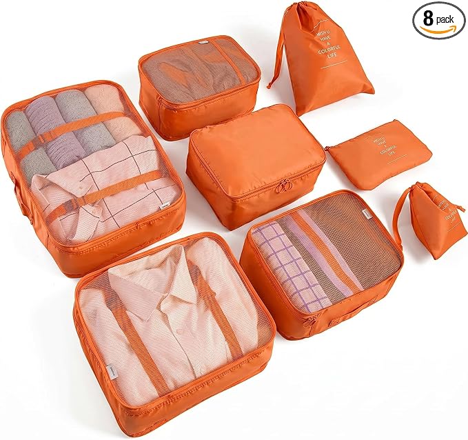 LANSKLBD 6/8 Set Packing Cubes for Suitcases Travel Luggage Packing Organizers,Travel Accessories Essentials Luggage Organizer with Shoe/Tioletry/Laundry Bag (Orange, 8 set) by LANSKLBD