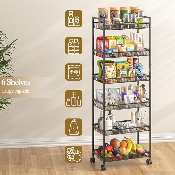 6 Tier Slim Rolling Storage Cart, Narrow Mobile Shelving Unit Organizer Utility Cart with Wheels, Metal Wire Storage Rack with Baskets for Kitchen, Bathroom, Laundry & Living Room, 10in(W) Black - Image 6