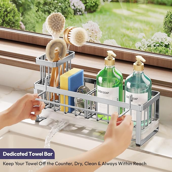 SWTYMIKI Sponge Holder for Kitchen Sink - Sink Caddy with Brush Holder Self-draining Sponge Caddy Organizer with Divider Stainless Steel Kitchen Accessories Storage for Countertop, Silver - Large - Image 5