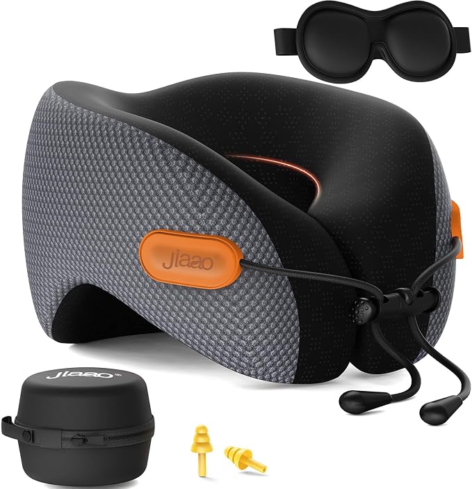 Ergonomic Travel Pillow,100% Memory Foam Travel Neck Pillow For Airplanes | 360° Neck & Chin Support Airplane Pillow For Long Flights,Airplane Travel Essentials With 3d Eye Mask, Earplugs,Carry Case by jiaao