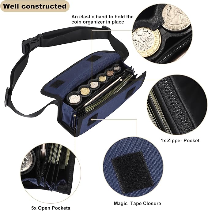 BSTKEY US Coin Holder Coin Dispenser, Fanny Pack with Banknote Waiters Purse Coin Sorter Coin Organizer, Coin Storage Bag with Belt for Waitress Server Collector Cashier Change （Navy） - Image 3