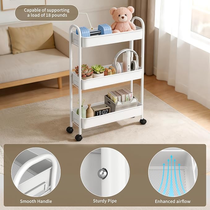 Slim Rolling Cart, Metal Frame Utility Rolling 3-Tier Narrow Storage Cart | Kitchen Storage Organizer, Mobile Shelving Unit for Bathroom Kitchen - Image 7
