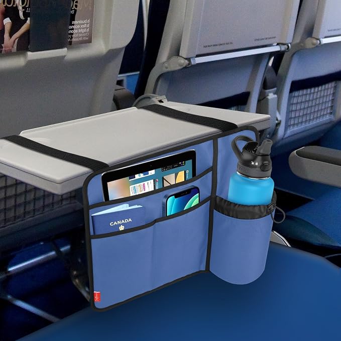 Airplane Seat Back Organizer & Storage, Airplane Tray Table Cover for Personal Items, Airline Seat Hanging Pockets Media Pouch,Reusable Travel Essentials,Fits Tablets,Cell Phone,Water Bottle (Blue) - Image 2