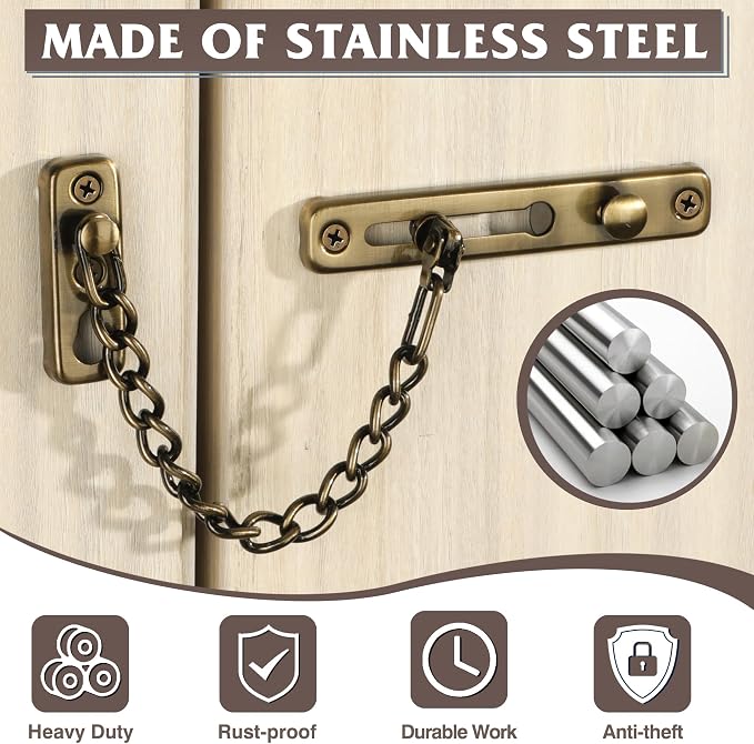Alise Door Chain Lock,Door Security Chain Lock for Inside Doors,Bronze | Stainless Steel,Door Chain Lock Guard with Spring Anti-Theft Press Button,Door Lock Latch for Front Door - Image 7