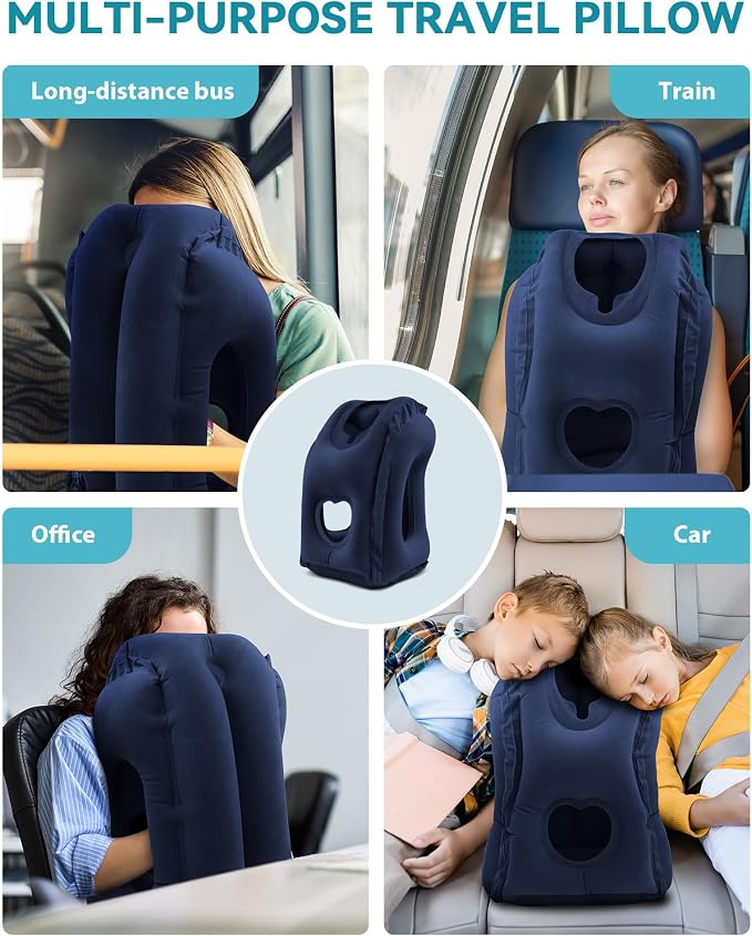 Inflatable Travel Pillow, Airplane Neck Pillow Comfortably Supports Head and Chin for Airplanes, Trains, Cars and Office Napping with 3D Eye Mask, Earplugs and Portable Drawstring Bag (Blue) - Image 7