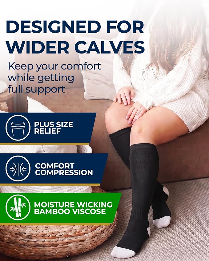 Pembrook 3 Pairs Plus Size Compression Socks Wide Calf - Bamboo Viscose Compression Socks for Women Wide Calf - Image 2