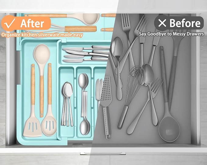 Silverware Organizer Expandable Kitchen Utensil Drawer Organizer Large BPA Free Adjustable Cutlery Silverware Tray for Spoons Forks Knives Storage Divider for Kitchen Flatware 6-9 Slots Turquoise - Image 7