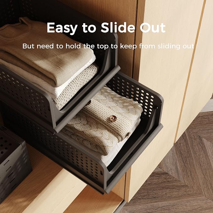5 Pack Folding Closet Organizers - Stackable Plastic Drawer Basket for Clothing, Shelf Storage Container for Closet, Wardrobe, Bedroom, Bathroom, Office (Black) - Image 4