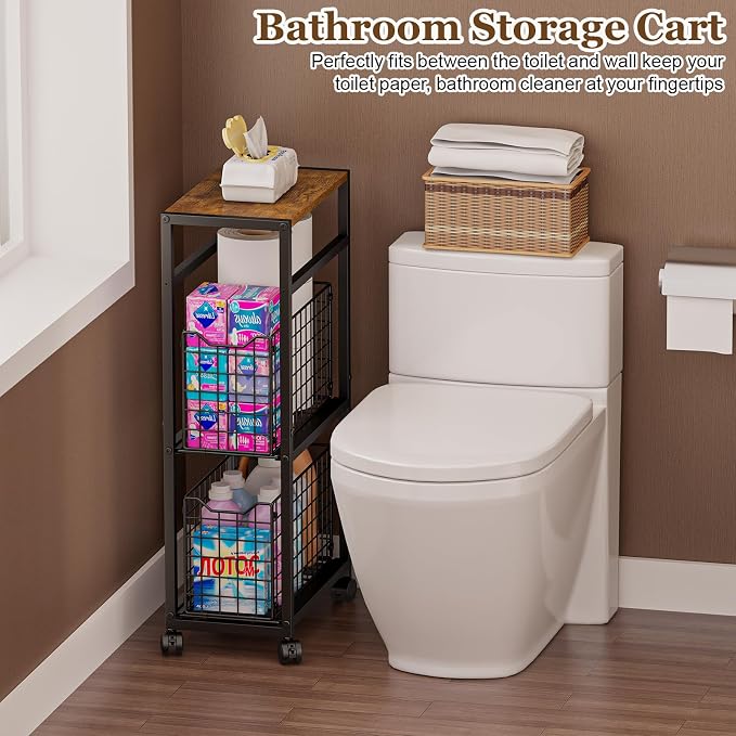 Hongtamoya 3 Tier Laundry Room Cart with Pull-Out Baskets, Utility Slim Storage Cart with Wheels Small Rolling Cart with Wood Top Metal Narrow Bathroom Laundry Room Organization Trolley, Black - Image 3