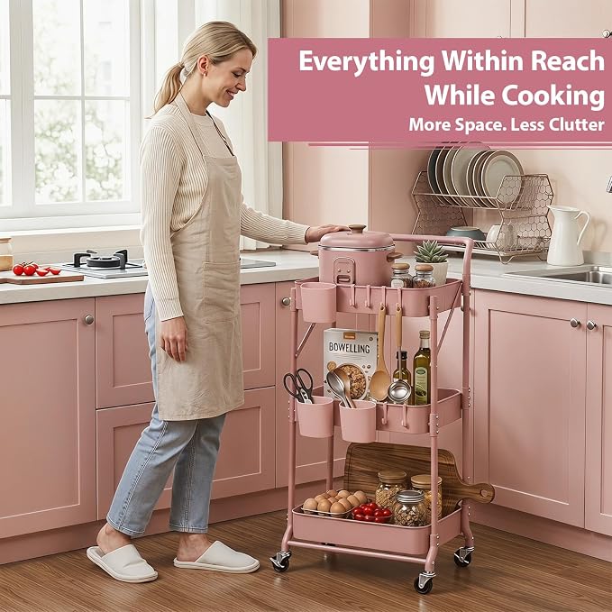 Amatic 3-Tier Folding Rolling Utility Cart with Wheels, Foldable Storage Cart Organizer with 3 Hanging Cups & 6 Hooks for Kitchen, Office, Living Room, Nursery(Pink) - Image 7
