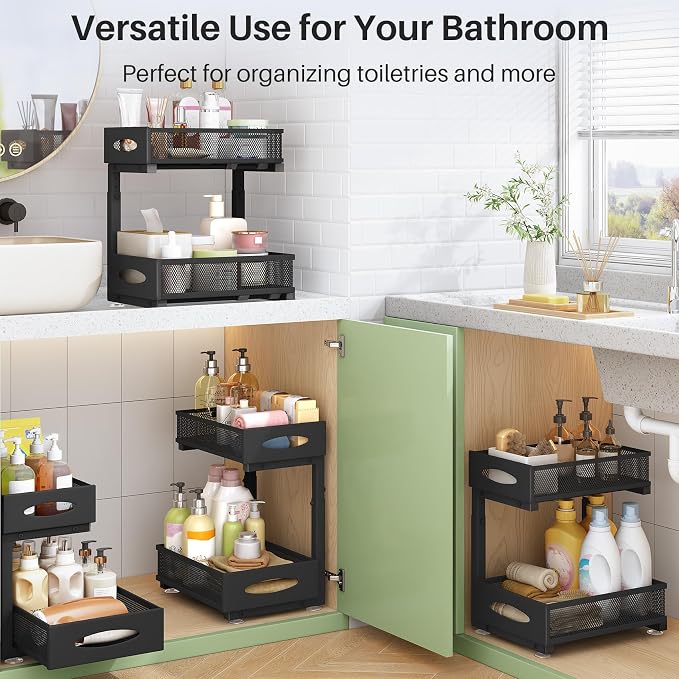 Under Sink Organizer, 2 Pack 2 Tier Pull out Cabinet Organizer Baskets with Mesh Sliding Drawers, Slide out Sink Storage Shelves for Home, Kitchen, Bathroom, Pantry, Office Organizers and Storag,Black - Image 9