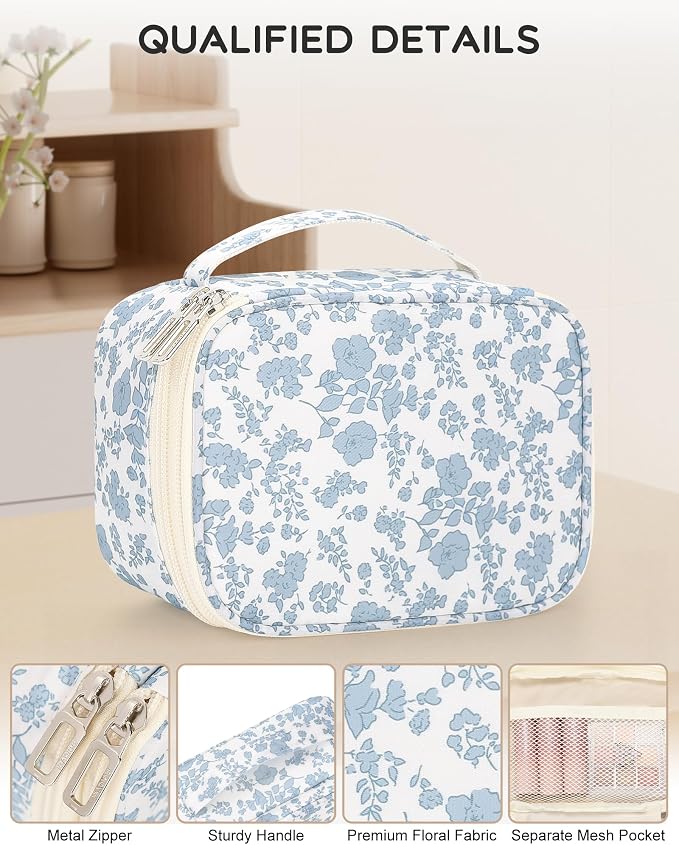 Relavel Travel Makeup Bag, Mini Floral Cosmetic Bag with 2 Layers | Portable Makeup Pouch for Women with 2 Makeup Brush Holders, Cute Toiletry Bag with Handle for Necessaries, Blue Flower - Image 4