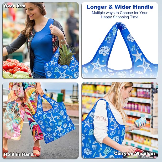 HOLYLUCK Reusable Grocery Bags,Heavy Duty Foldable Shopping Tote Bag (Standard, 3 Starfish) - Image 6