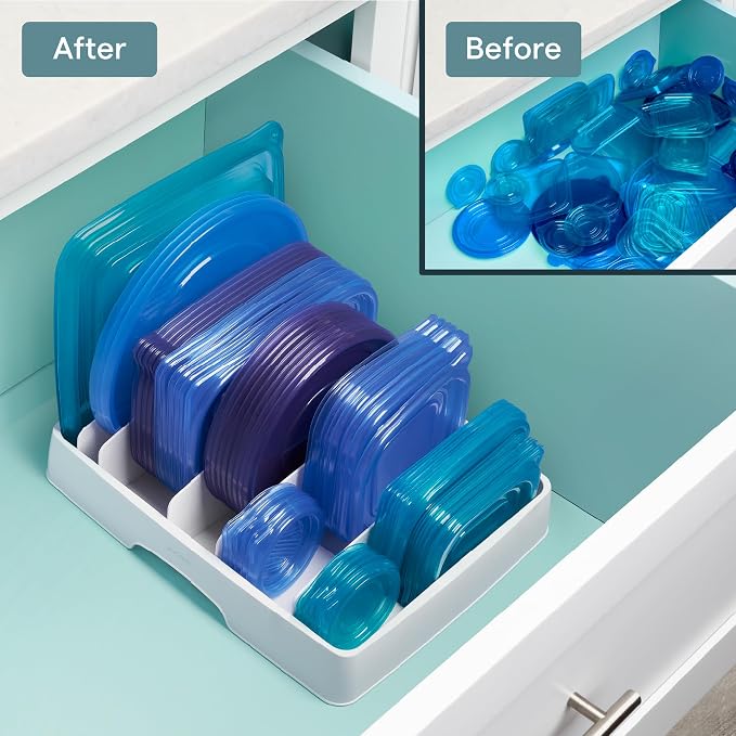 YouCopia StoraLid Food Container Lid Organizer for Kitchen Cabinet Storage with 5 Adjustable Dividers, 10.5''D × 13.4''W × 3.3''H, Large Classic Edition, White - Image 6