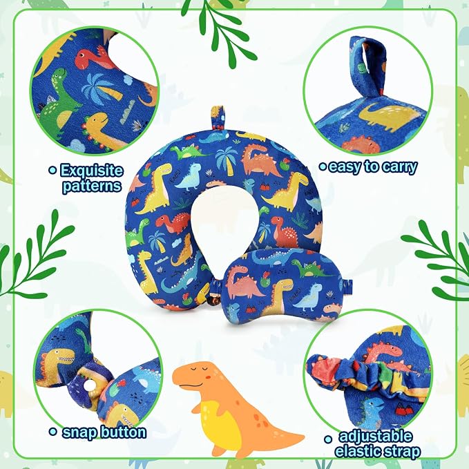 Gilprop 2 Pcs Dinosaur Travel Pillow with Sleep Eye Mask, U Shaped Memory Foam Headrest & Neck Pillow with Washable Cover, Soft Neck Head Support Travel Accessories for Airplane Car Train Bus Trips - Image 5