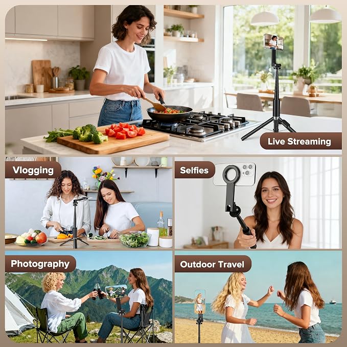 64" Magnetic Tripod for Phone, Auto-Open Tripod with 360° Rotatable | Phone Stand with Metal Ring & Rechargeable Remote for iPhone/Android Photography/Vlogging - Image 7