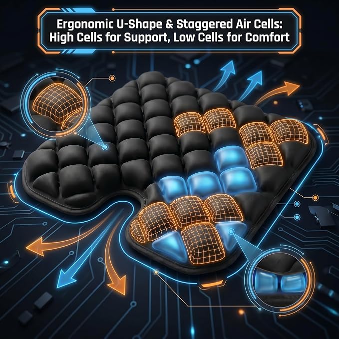 Inflatable Seat Cushion for Long Sitting, 54 High-Low Air Cell Travel Seat Cushion for Airplane, Office Chair, Car & Wheelchair, Adjustable Firmness Pressure Relief Seat Pad, 16.5" x 15.8" - Image 5