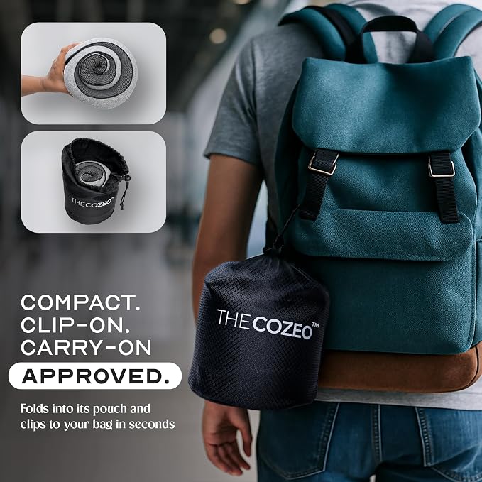 The Cozeo™ Travel Neck Pillow, 100% Pure Memory Foam Airplane Neck Pillow with Eye Mask & Earplug, Ideal for Long Flight, Car Road Trip Essentials & Sleeping | Suitable for Adults & Kids - Gray - Image 7