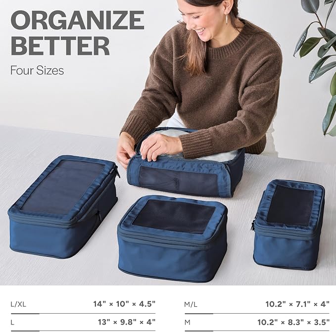 Compression Packing Cubes for Travel, 4-Pack, Dark Blue | Solves overpacking, 4-Piece set fits most carry-ons, 50% Space savings, Compression luggage organizer bags - Image 3