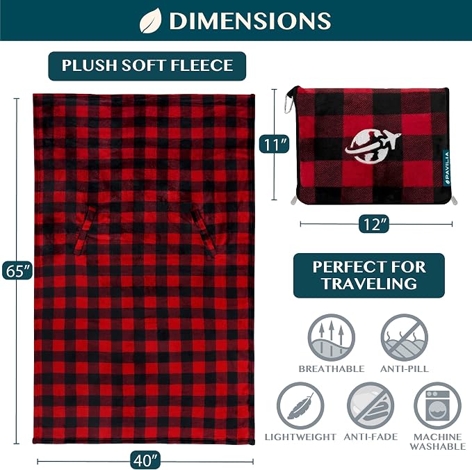 PAVILIA Travel Blanket and Pillow, Arms Opening Airplane Blankets for Adults, Compact Plane Blanket with Arm Hole 2-in-1 Bag for Flight Car Camping Luggage Backpack Traveler Gift, Checkered Red - Image 7
