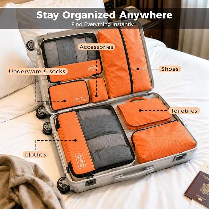 8-Piece Compression Packing Cubes for Travel, Keep Space Saving and Tidy | Bright & Lightweight Luggage Organizer for Outdoor Travel & Adventure, Space Save for Backpack, Duffel Bag & Suitcase- Orange - Image 6
