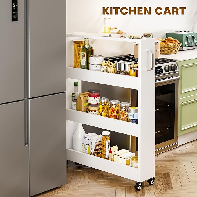 Slim Storage Cart, Lightweight 4 Tier Metal Rolling Utility Kitchen Cart on Wheels, Mobile Storage Shelving Unit Organizer for Bathroom Laundry Office Narrow Places (4 Tier-White, 6" D) - Image 2