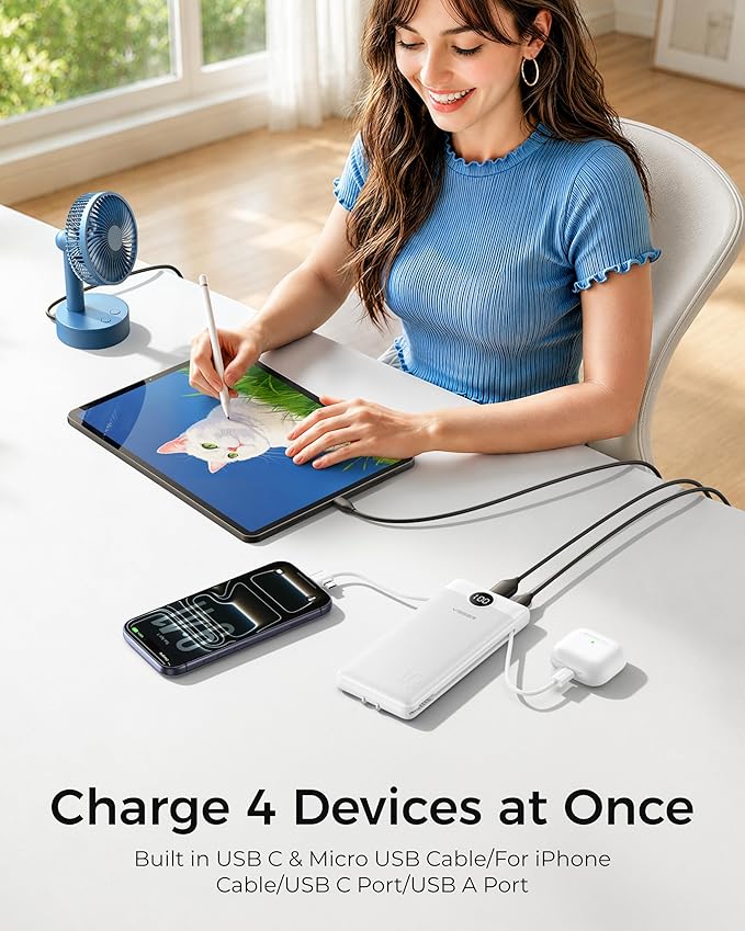 VEGER Portable Charger for iPhone, Power Bank Built in Cables and Wall Plug | 10000mAh,Ultra Slim&Compact,5 Outputs,LED Display,Flight-Safe,Travel Essentials Battery Pack for iPhone 17,iPad, Samsung,etc - Image 3