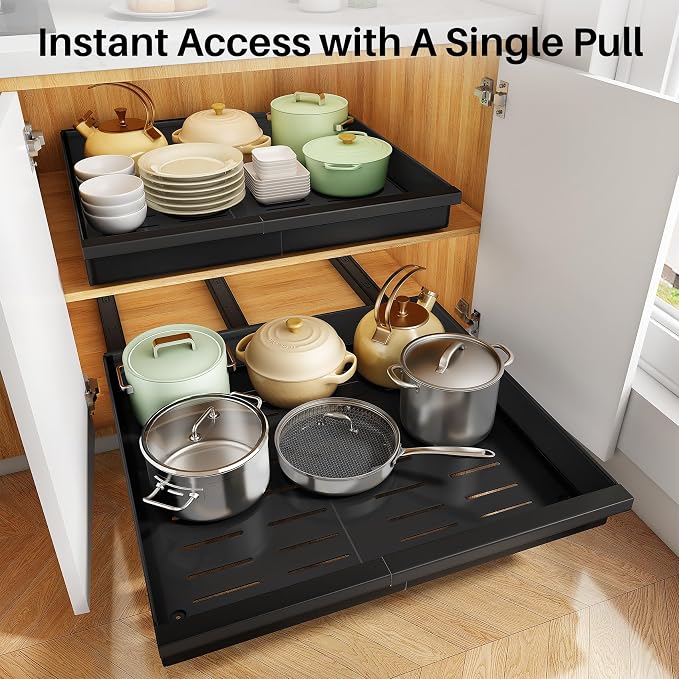 Pull out Cabinet Organizer, 2-Pack Expandable(13.6"-24") Silde out Drawers with Raising Pad for Framed Cabinets, Adjustable Full-Extension Adhesive Roll out Shelves for Kitchen Pantry Home Pot and Pan - Image 6