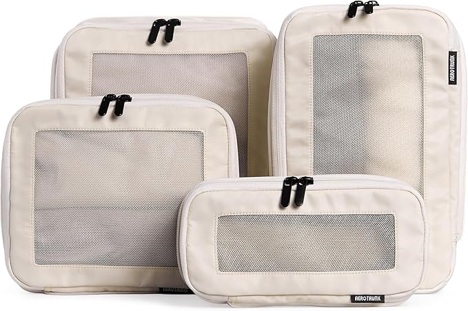 Compression Packing Cubes for Travel, 4-Pack, Beige | Solves overpacking, 4-Piece set fits most carry-ons, 50% Space savings, Compression luggage organizer bags by Aerotrunk