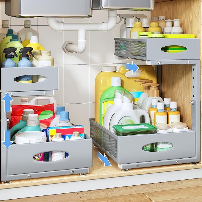 Under Sink Organizer, 2 Tier Pull Out Under Cabinet Organizer Shelf with Pad for Framed Cabinets, Metal Slide Out Under Sink Storage, Mesh Sliding Drawers for Kitchen Bathroom Laundry(Grey, 1 Pack) by PXRACK