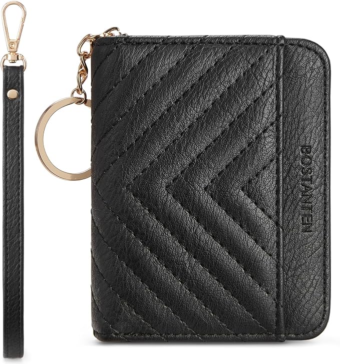 BOSTANTEN Credit Card Holder Small RFID Wallet Women with Keychain Wristlet | Compact, Accordion Design, Easy Organization, Fits Small Purses, Quilted Vegan Leather, Perfect Gifts, Black by BOSTANTEN