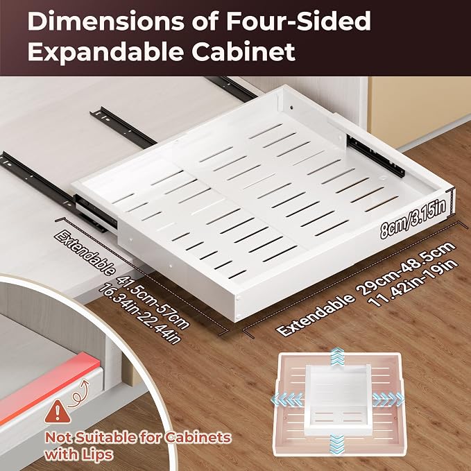 2 Pcs Pull Out Cabinet Organizers, Width (12"-19") and Depth (17"-23") Expandable With 3 Slides, No Drill Slide out Drawers Adhesive Film or Nail Cabinets Without Lip in Kitchen, Bathroom - Image 3